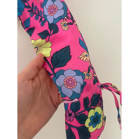 Zara Satin Floral Crop Top XS Flyaway Tie Front Bell Sleeve Pink - Picture 7 of 11